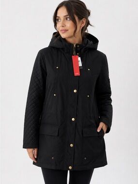 Yoki Women’s Black Hooded Utility Rain Jacket Quilted Sleeves NWT Size 1XL